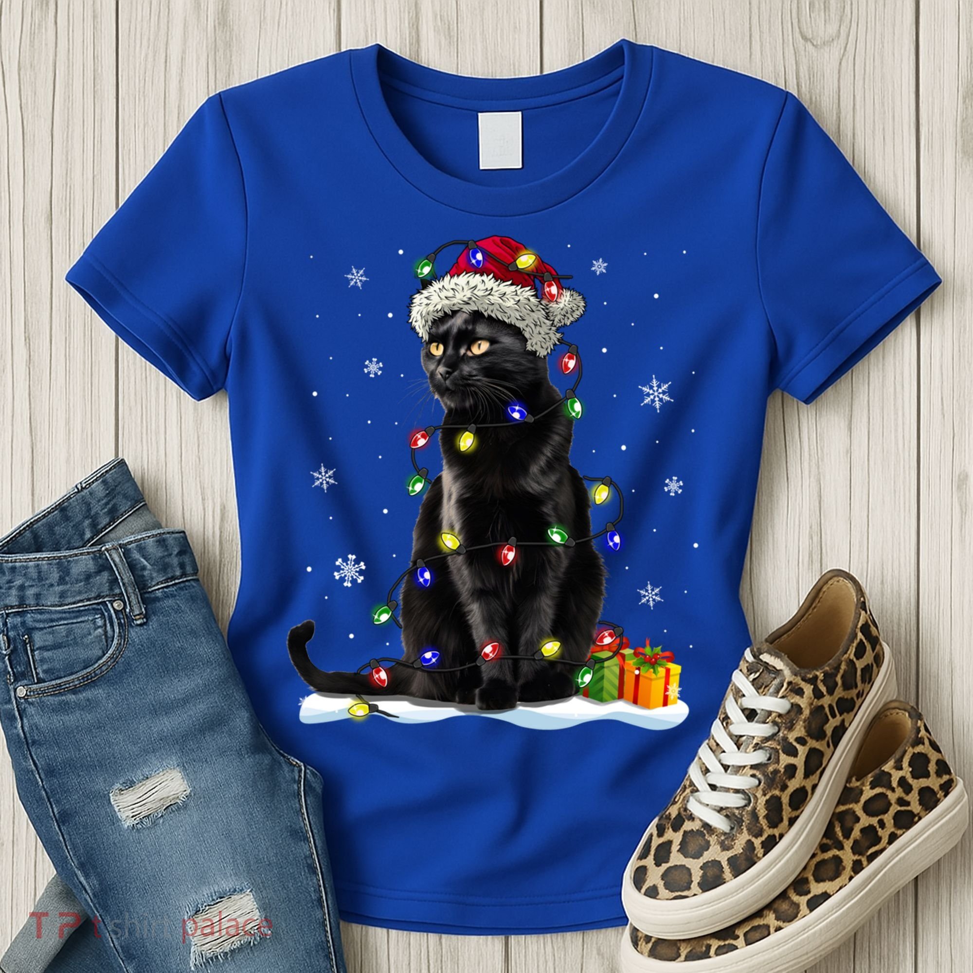 Santa Black Cat Tangled Up In Christmas Tree Lights Holiday Great Gift Women's T-Shirt