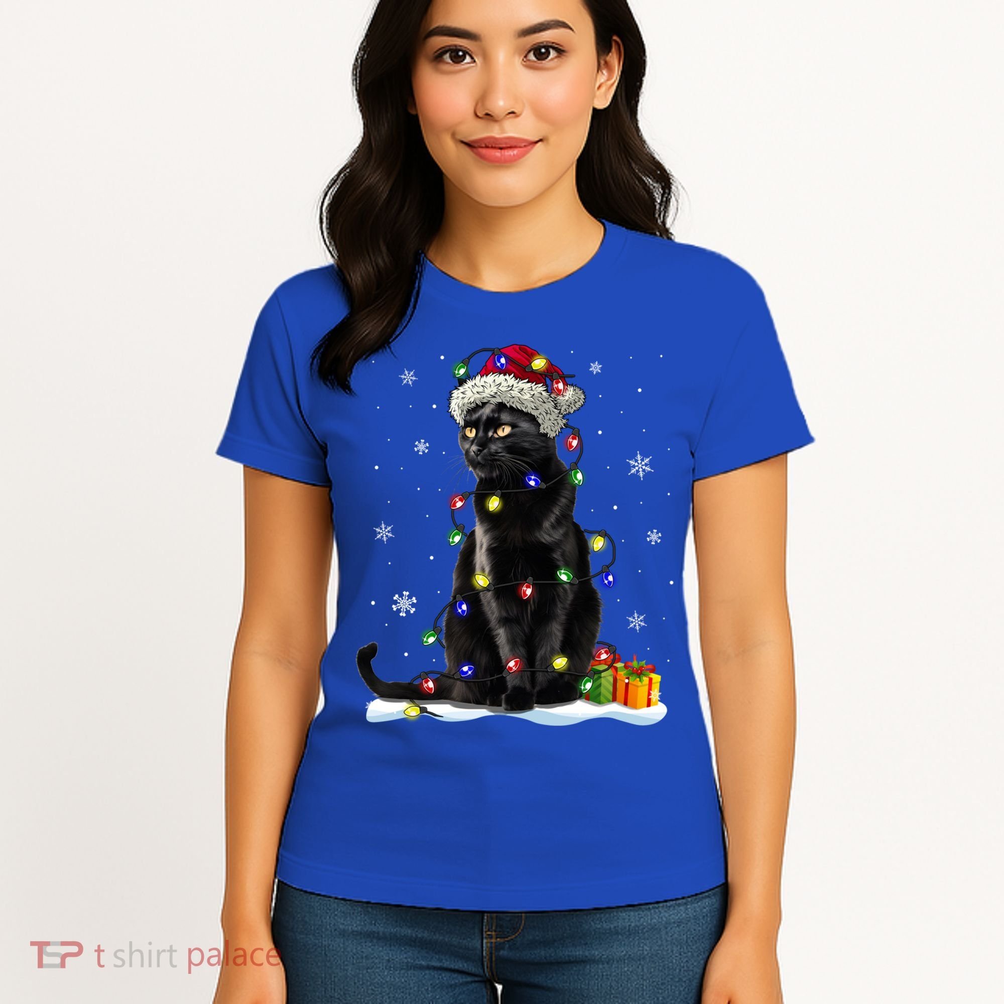 Santa Black Cat Tangled Up In Christmas Tree Lights Holiday Great Gift Women's T-Shirt