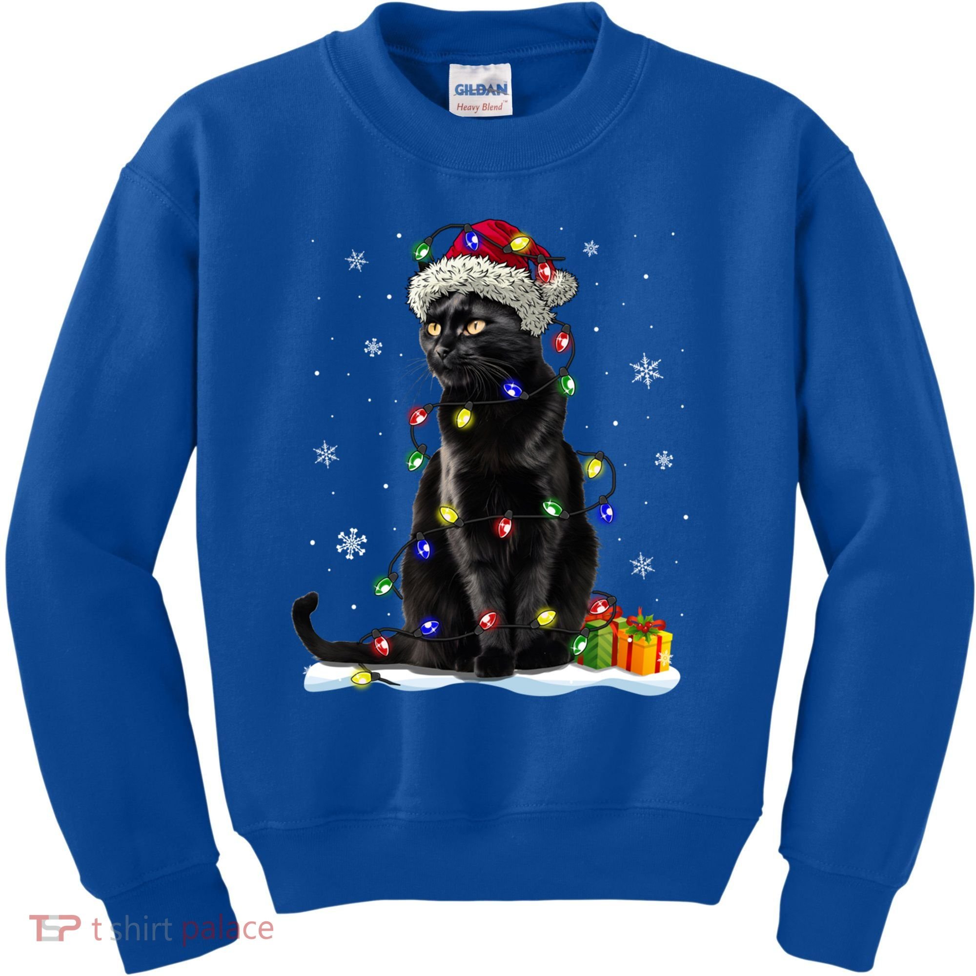 Santa Black Cat Tangled Up In Christmas Tree Lights Holiday Great Gift Kids Sweatshirt