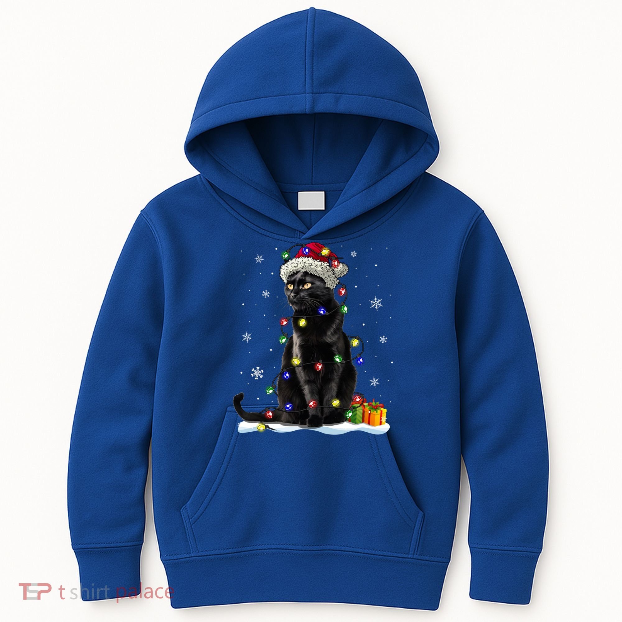 Santa Black Cat Tangled Up In Christmas Tree Lights Holiday Great Gift Kids Hoodie
