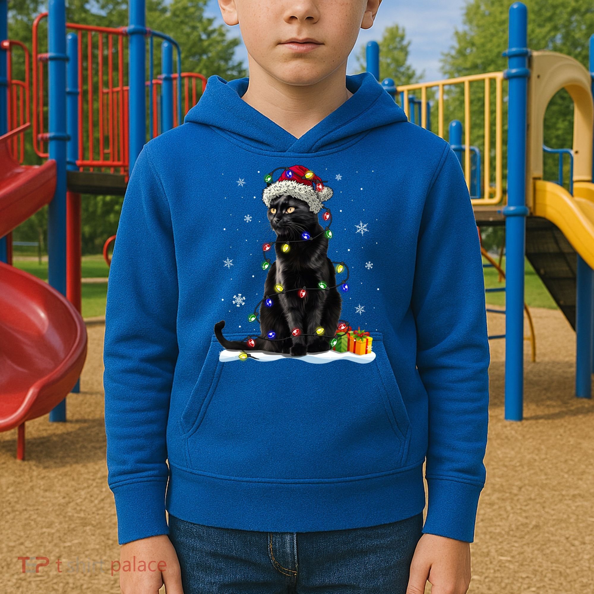 Santa Black Cat Tangled Up In Christmas Tree Lights Holiday Great Gift Kids Hoodie