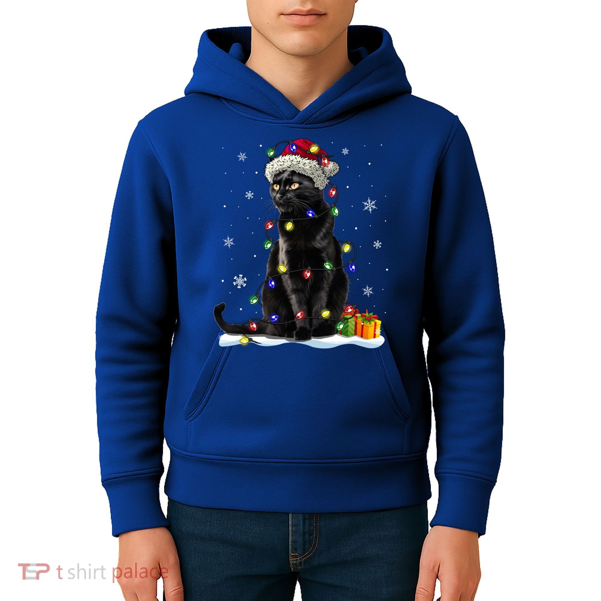 Santa Black Cat Tangled Up In Christmas Tree Lights Holiday Great Gift Kids Hoodie