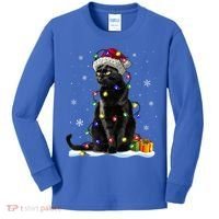 Santa Black Cat Tangled Up In Christmas Tree Lights Holiday Great Gift Kids Long Sleeve Shirt thumb 0