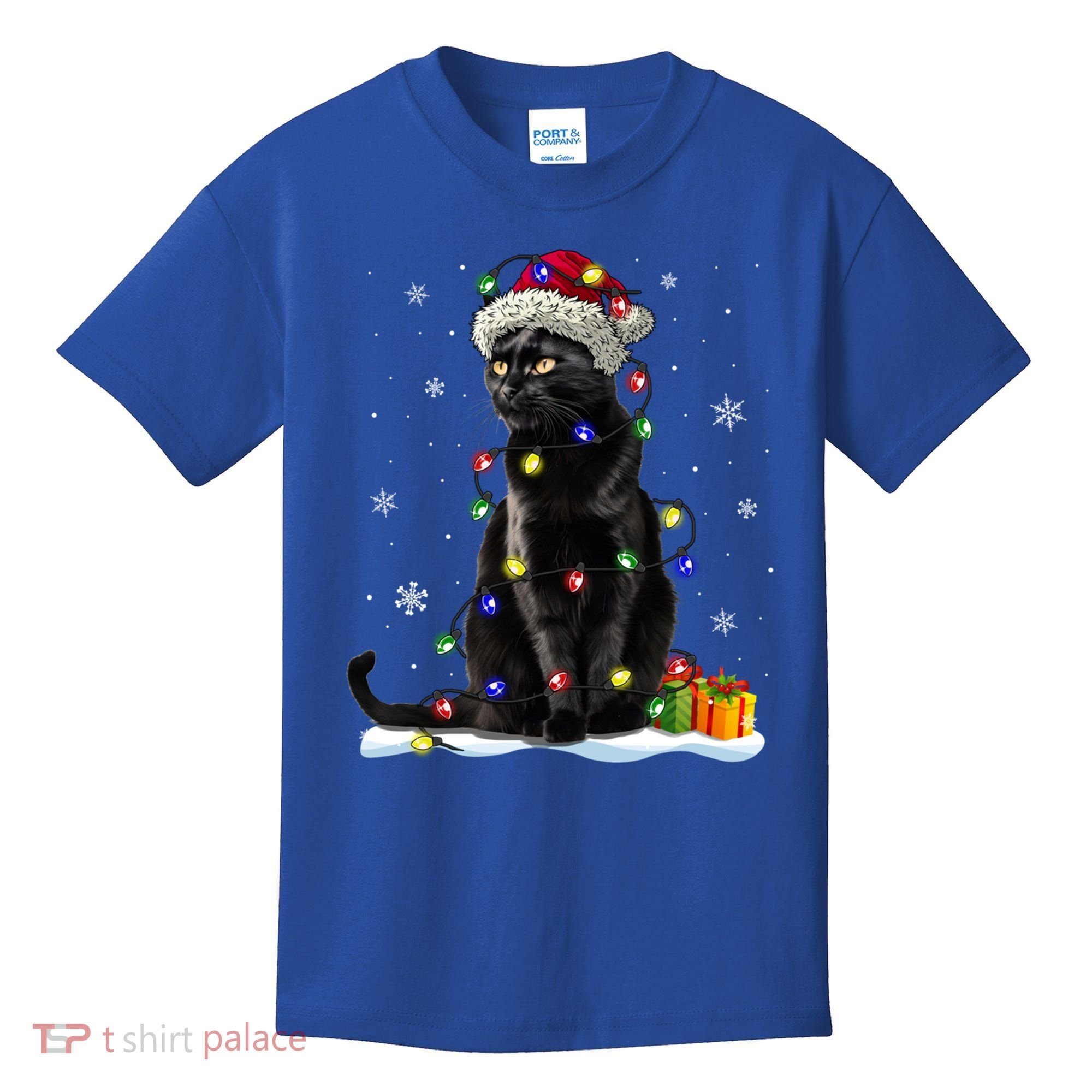 Santa Black Cat Tangled Up In Christmas Tree Lights Holiday Great Gift Kids T-Shirt