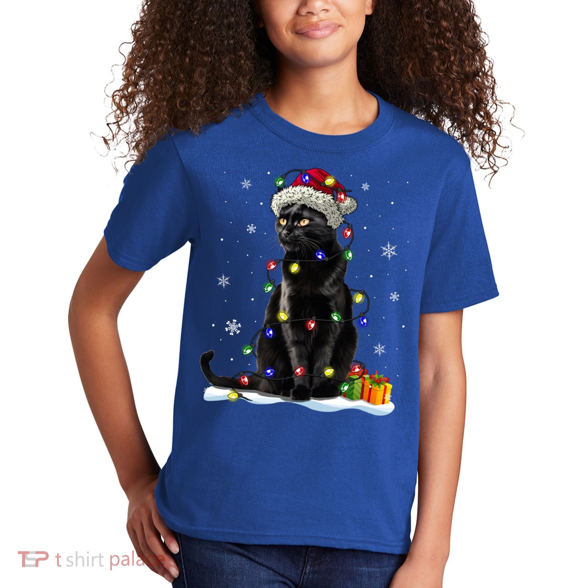 Santa Black Cat Tangled Up In Christmas Tree Lights Holiday Great Gift Kids T-Shirt