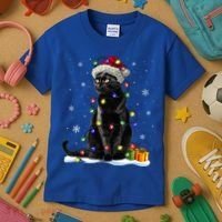 Santa Black Cat Tangled Up In Christmas Tree Lights Holiday Great Gift Kids T-Shirt thumb 3