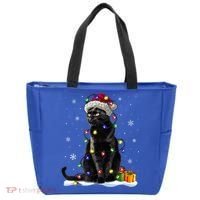Santa Black Cat Tangled Up In Christmas Tree Lights Holiday Great Gift Tote Bag thumb 0