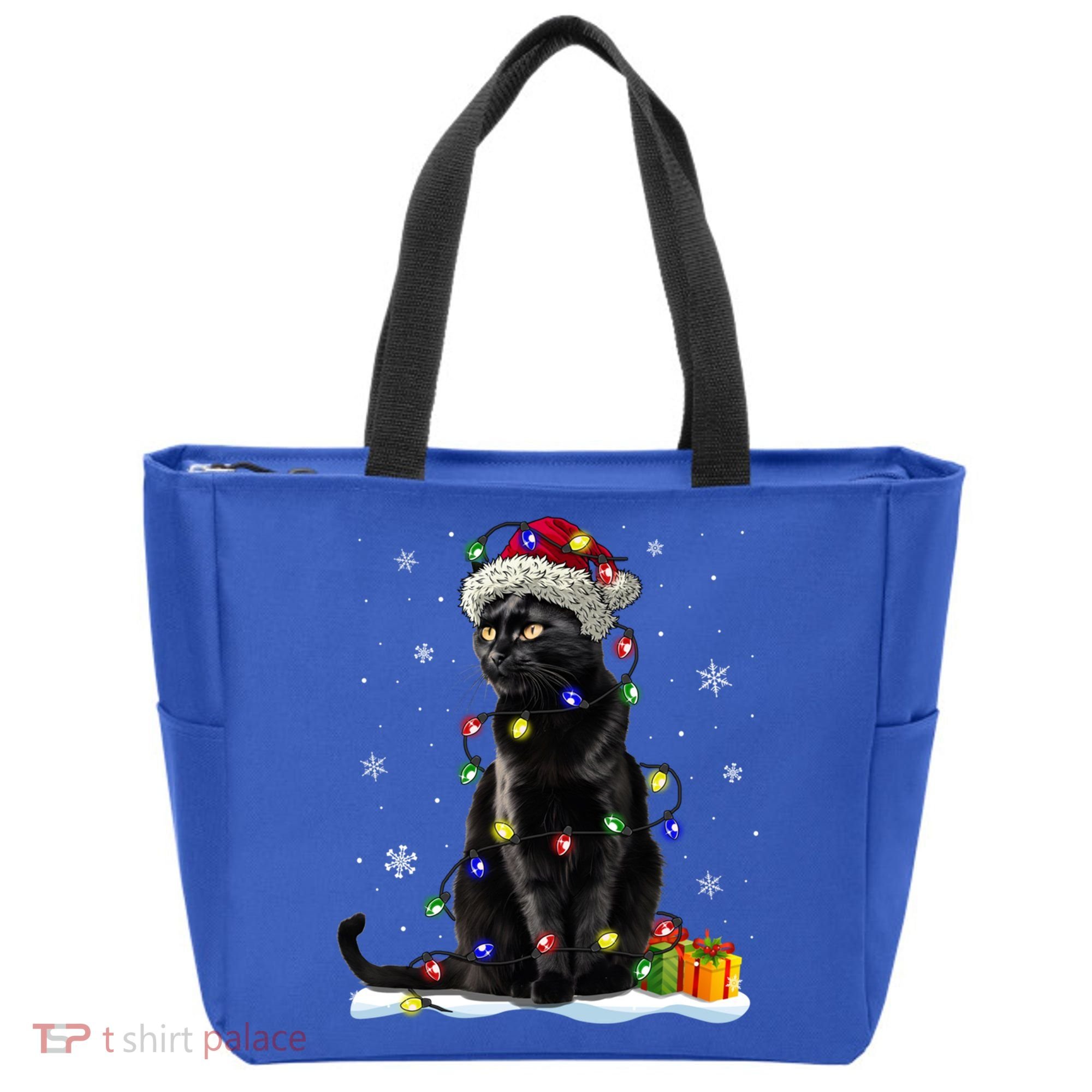 Santa Black Cat Tangled Up In Christmas Tree Lights Holiday Great Gift Tote Bag