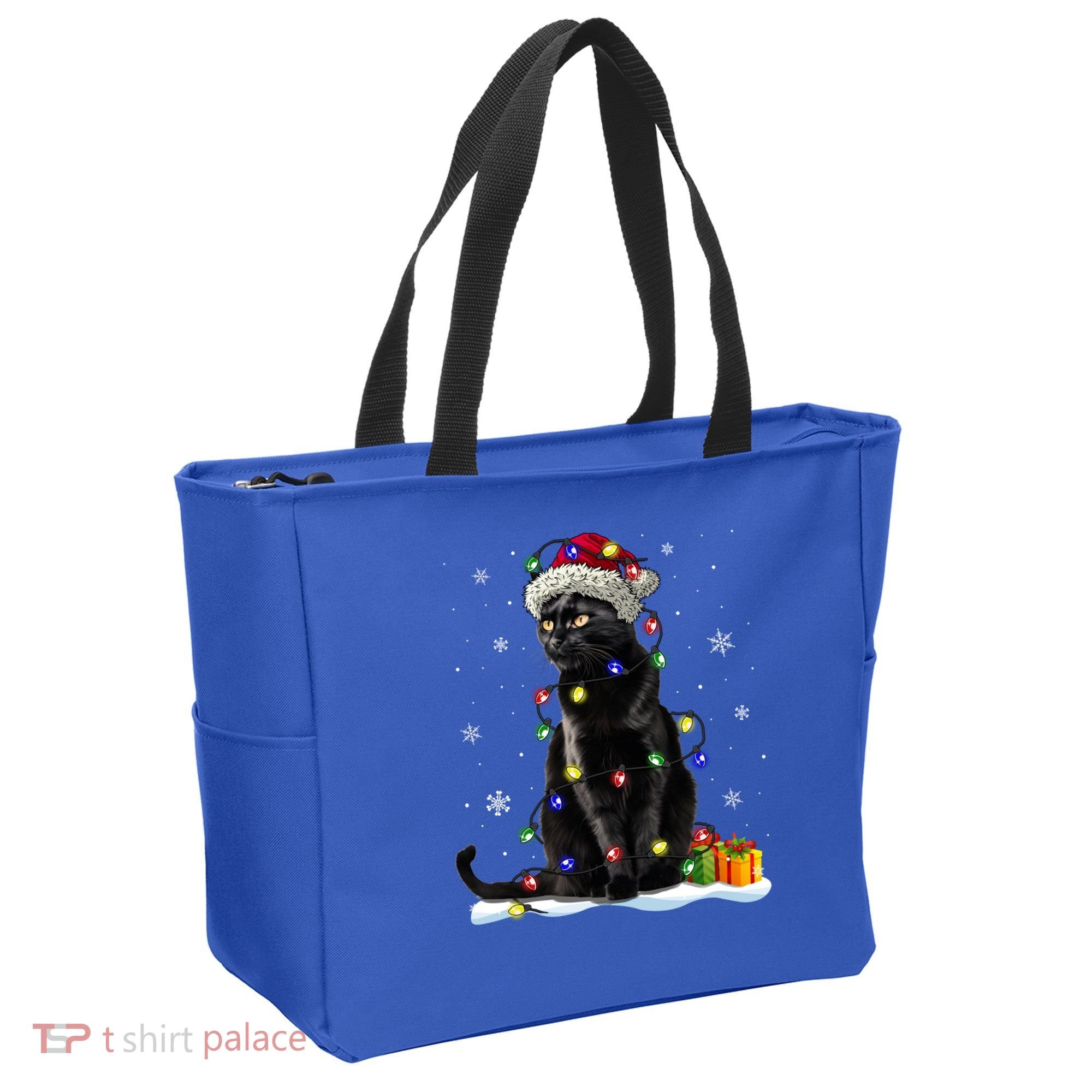 Santa Black Cat Tangled Up In Christmas Tree Lights Holiday Great Gift Tote Bag