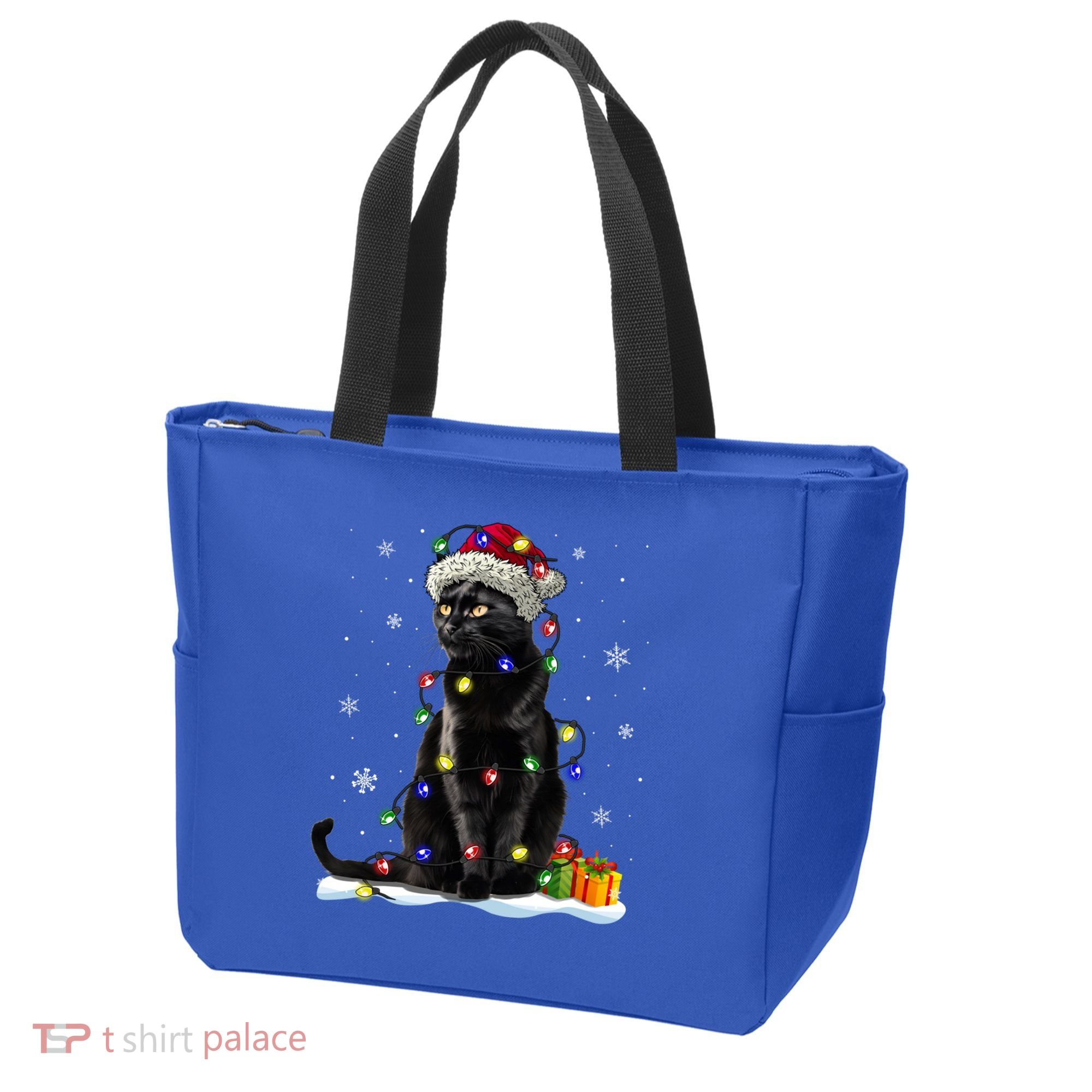 Santa Black Cat Tangled Up In Christmas Tree Lights Holiday Great Gift Tote Bag