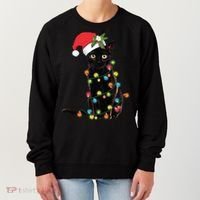 Santa Black Cat Tangled Up In Christmas Tree Lights Holiday Gift Women's Sweatshirt thumb 0