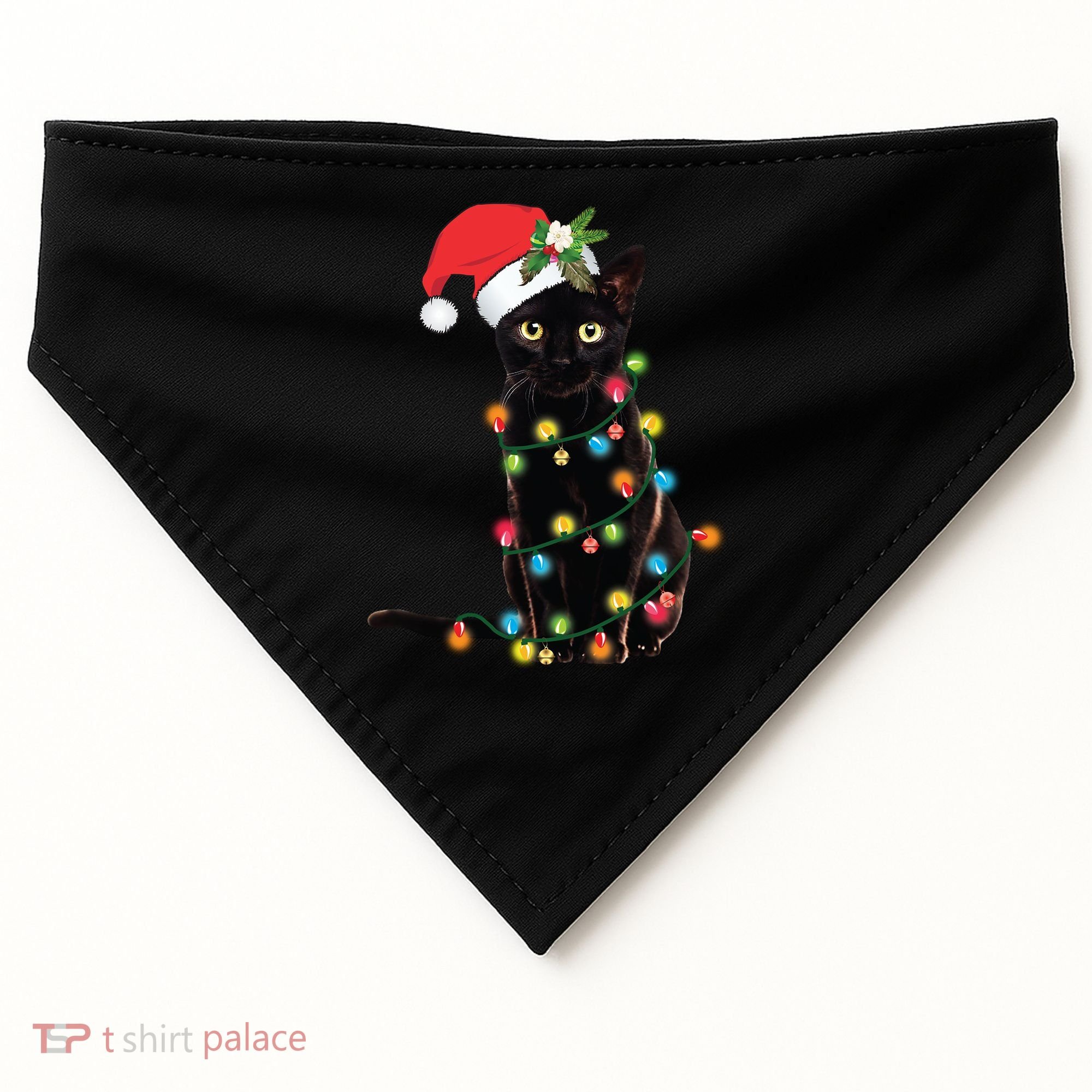 Santa Black Cat Tangled Up In Christmas Tree Lights Holiday Gift USA-Made Doggie Bandana
