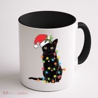 Santa Black Cat Tangled Up In Christmas Tree Lights Holiday Gift Coffee Mug thumb 1