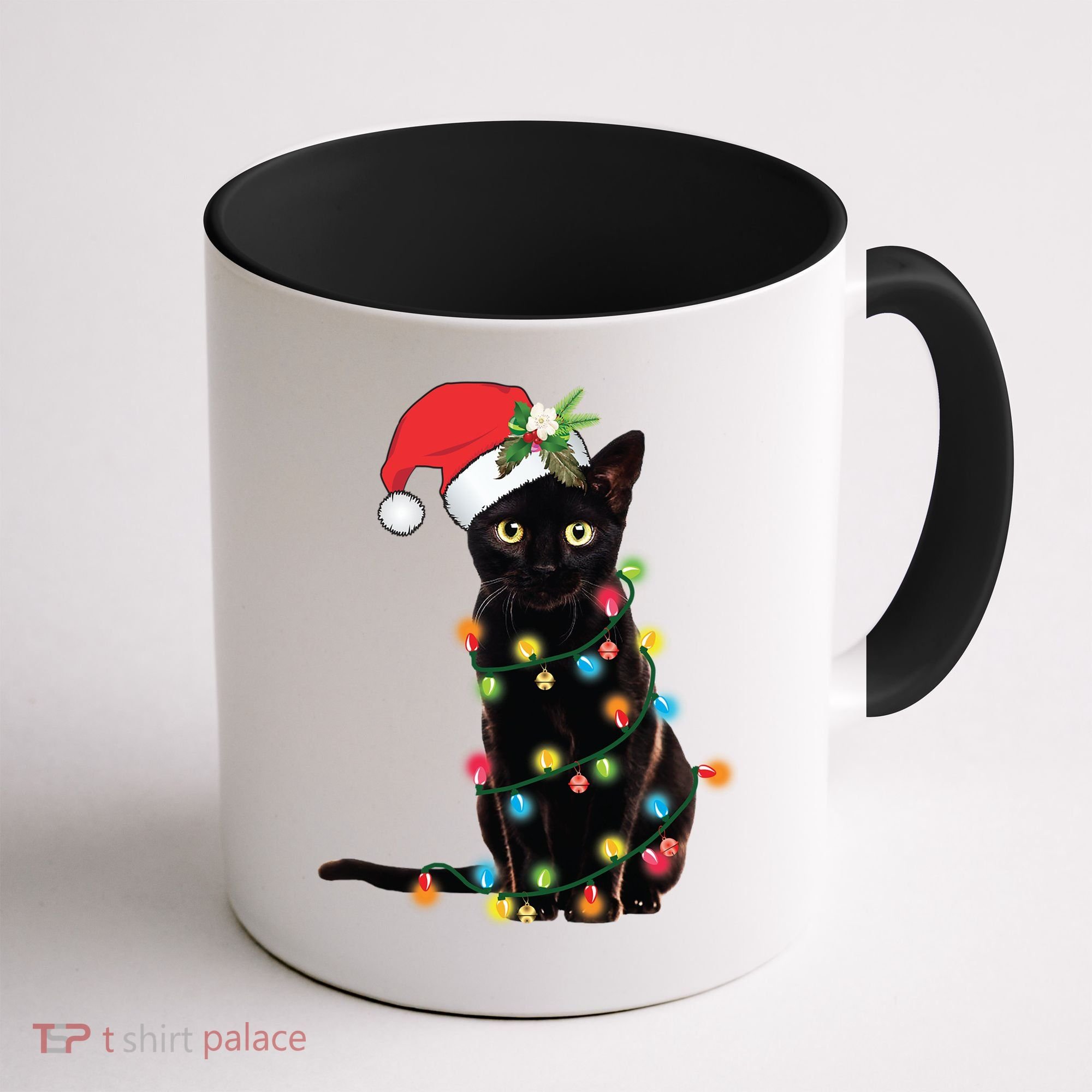 Santa Black Cat Tangled Up In Christmas Tree Lights Holiday Gift Coffee Mug