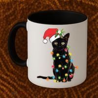 Santa Black Cat Tangled Up In Christmas Tree Lights Holiday Gift Coffee Mug thumb 2