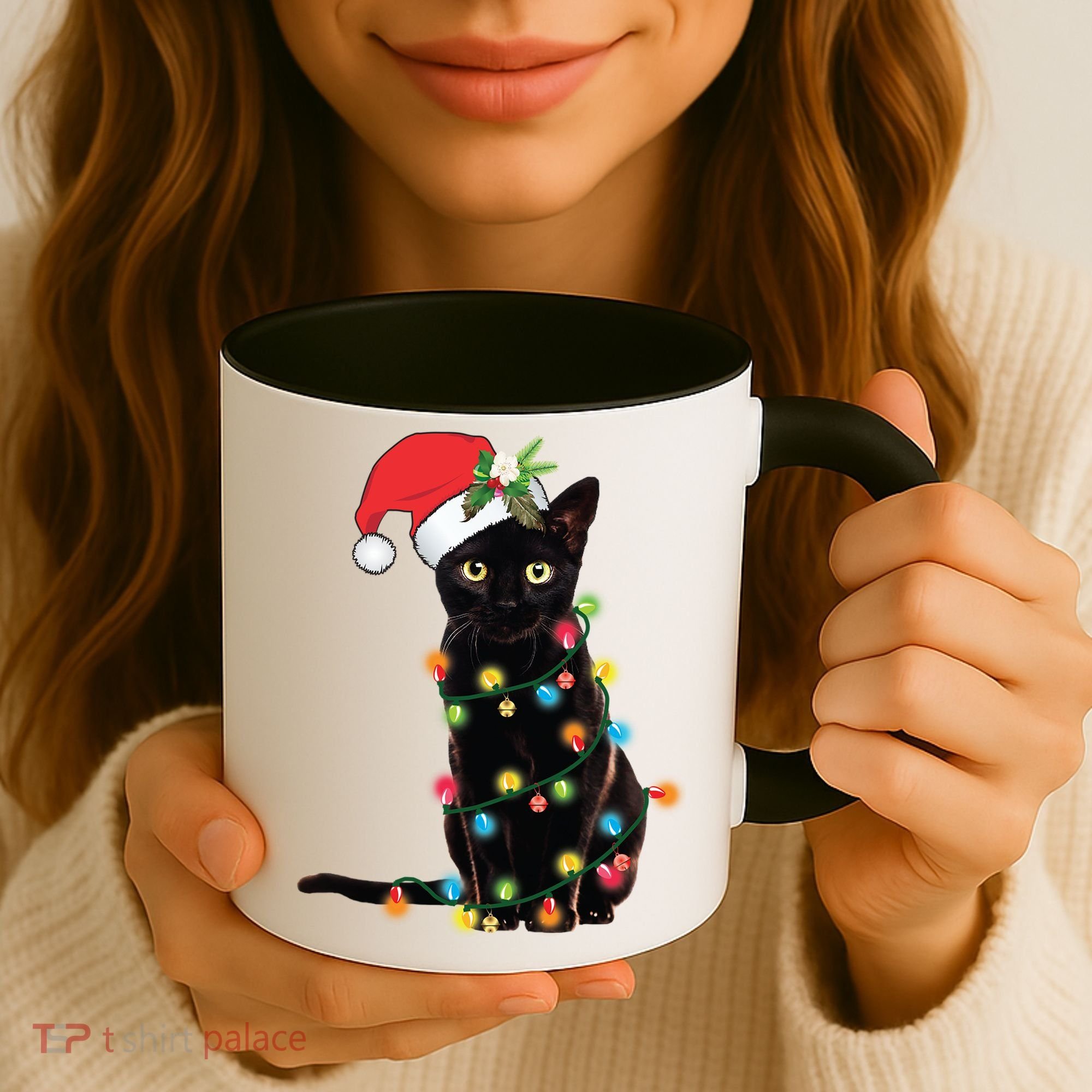 Santa Black Cat Tangled Up In Christmas Tree Lights Holiday Gift Coffee Mug