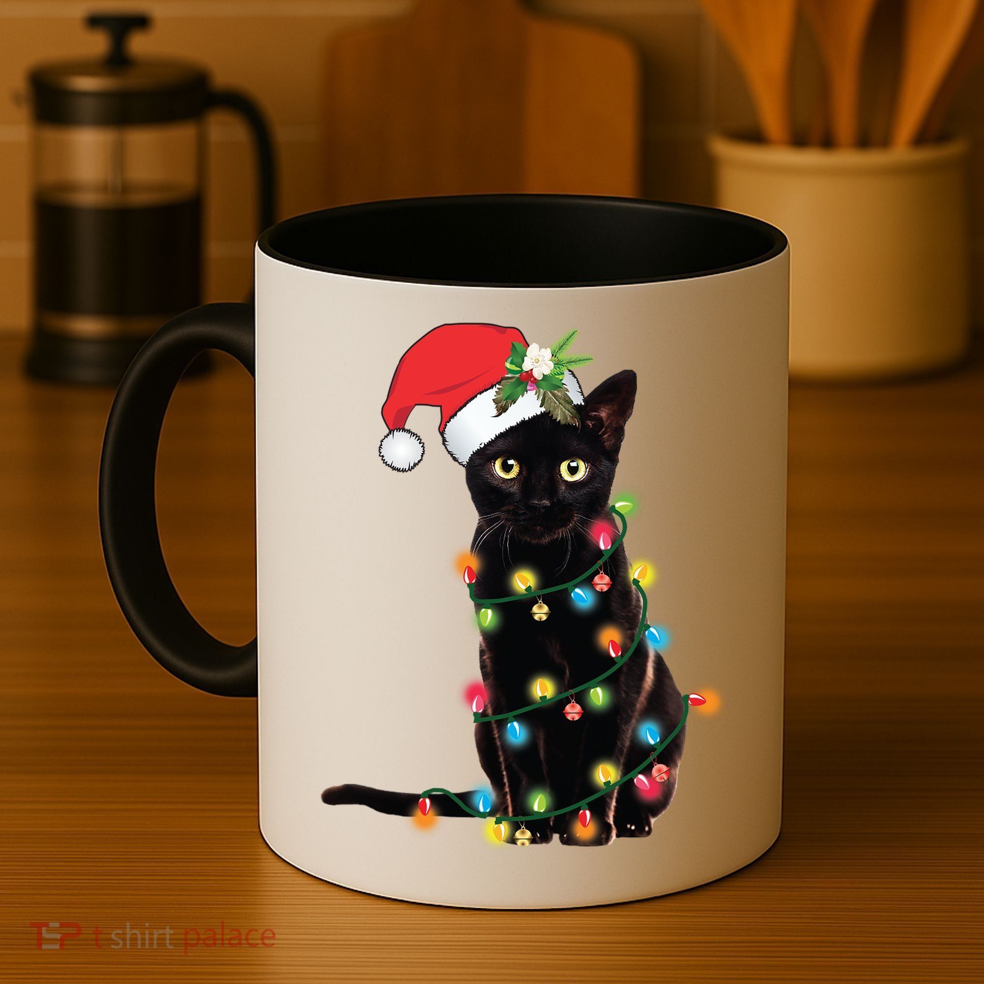 Santa Black Cat Tangled Up In Christmas Tree Lights Holiday Gift Coffee Mug