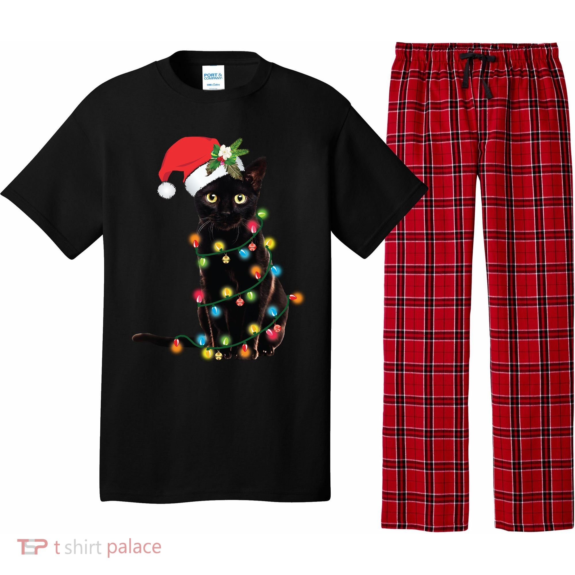 Santa Black Cat Tangled Up In Christmas Tree Lights Holiday Gift Pajama Set