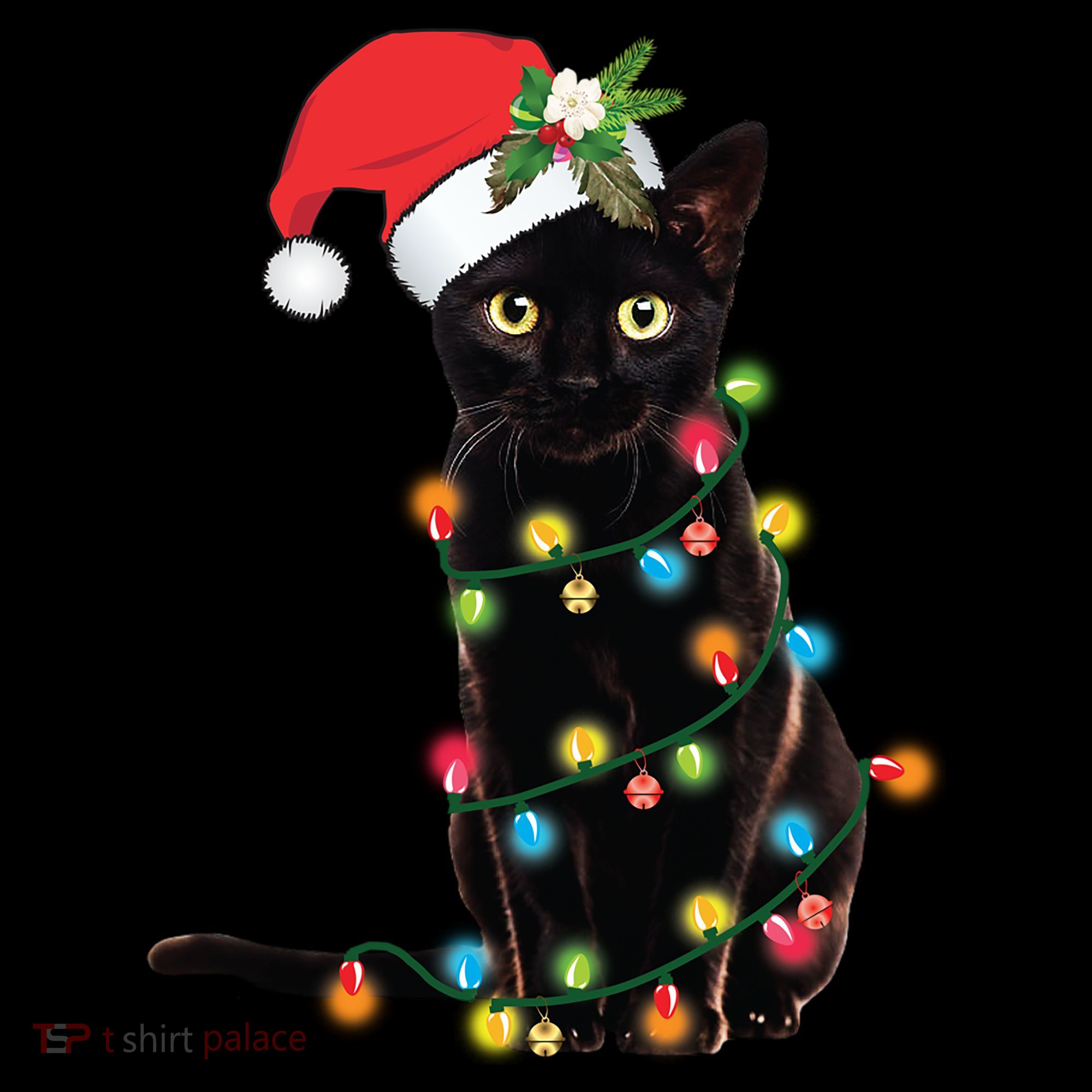 Santa Black Cat Tangled Up In Christmas Tree Lights Holiday Gift Women's Hoodie