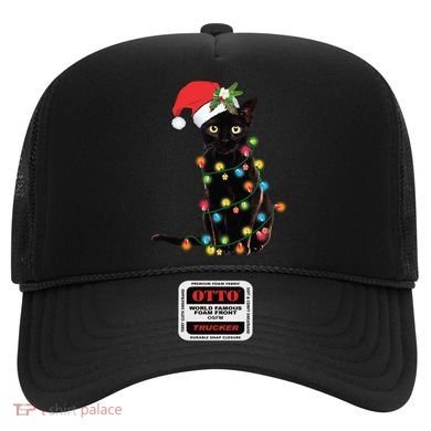 Santa Black Cat Tangled Up In Christmas Tree Lights Holiday Gift Hat