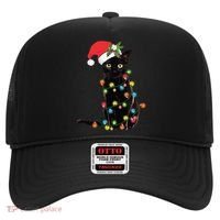 Santa Black Cat Tangled Up In Christmas Tree Lights Holiday Gift Hat thumb 0