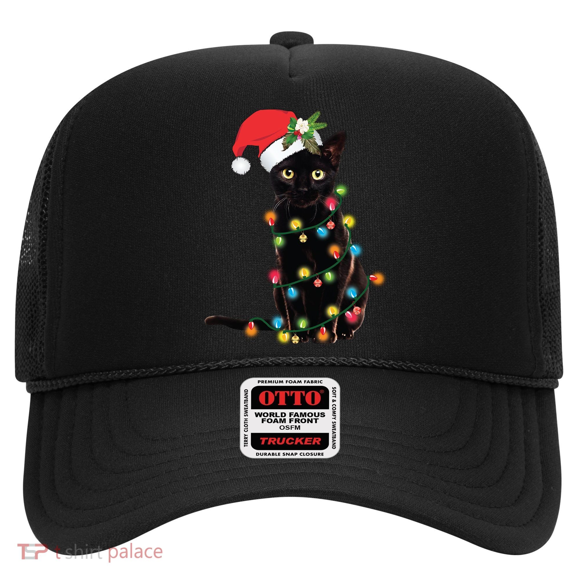 Santa Black Cat Tangled Up In Christmas Tree Lights Holiday Gift Hat