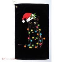 Santa Black Cat Tangled Up In Christmas Tree Lights Holiday Gift Golf Towel thumb 0