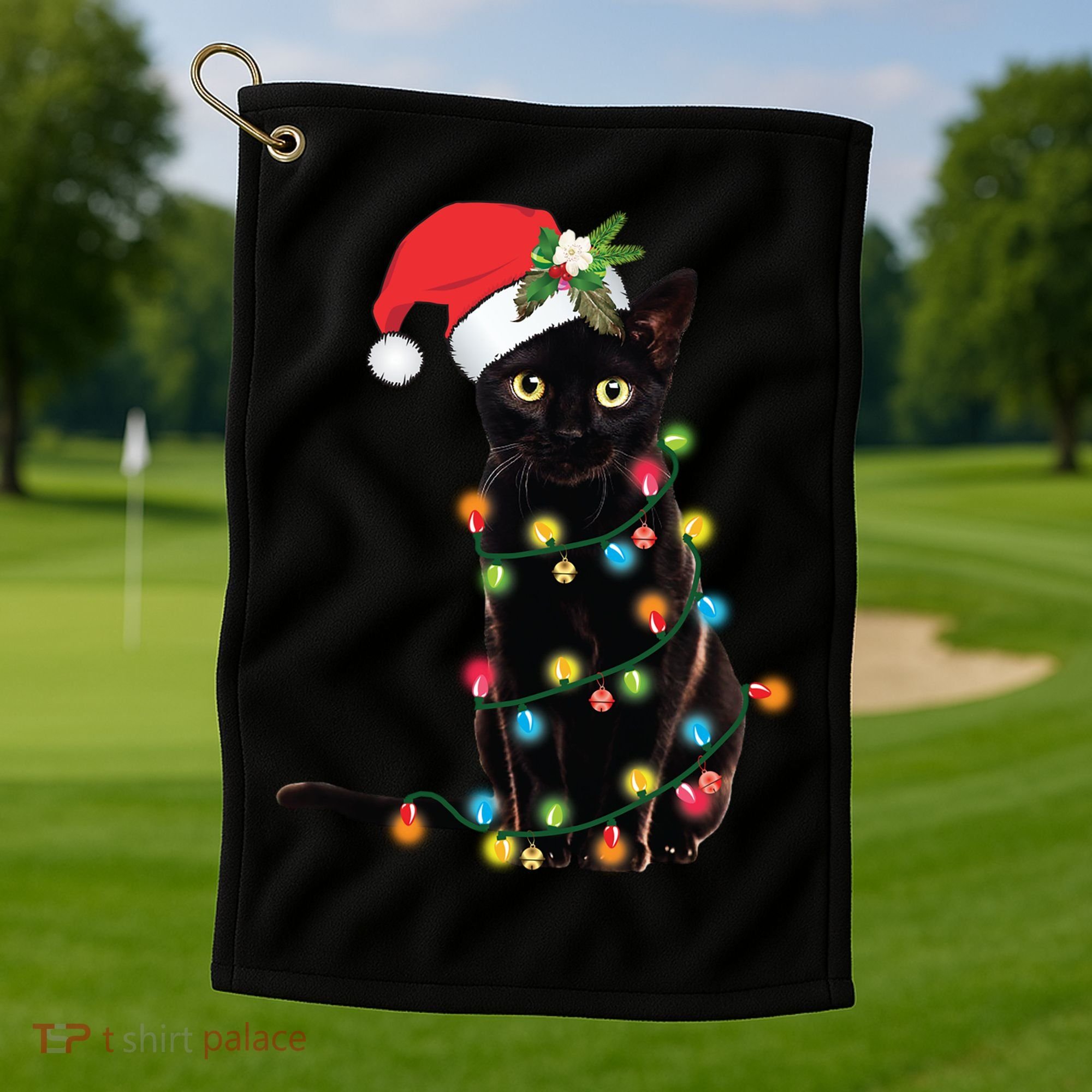 Santa Black Cat Tangled Up In Christmas Tree Lights Holiday Gift Golf Towel