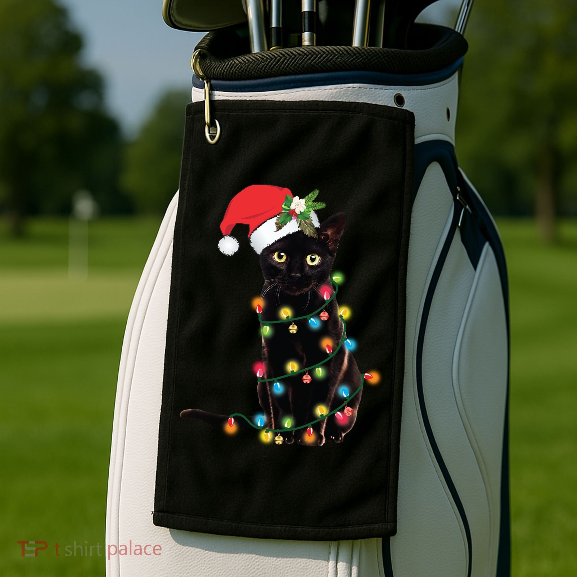 Santa Black Cat Tangled Up In Christmas Tree Lights Holiday Gift Golf Towel