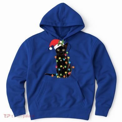 Santa Black Cat Tangled Up In Christmas Tree Lights Holiday Gift Hoodie