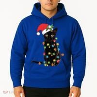 Santa Black Cat Tangled Up In Christmas Tree Lights Holiday Gift Hoodie thumb 2