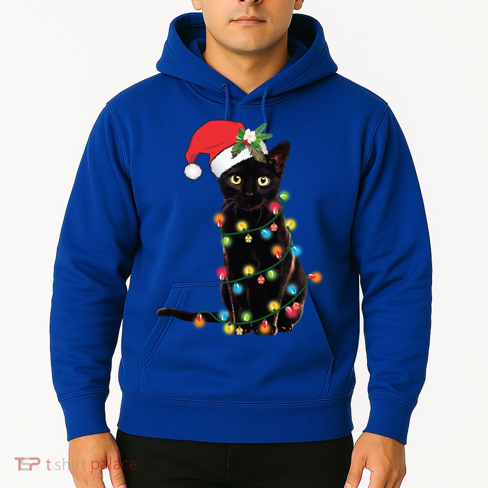 Santa Black Cat Tangled Up In Christmas Tree Lights Holiday Gift Hoodie