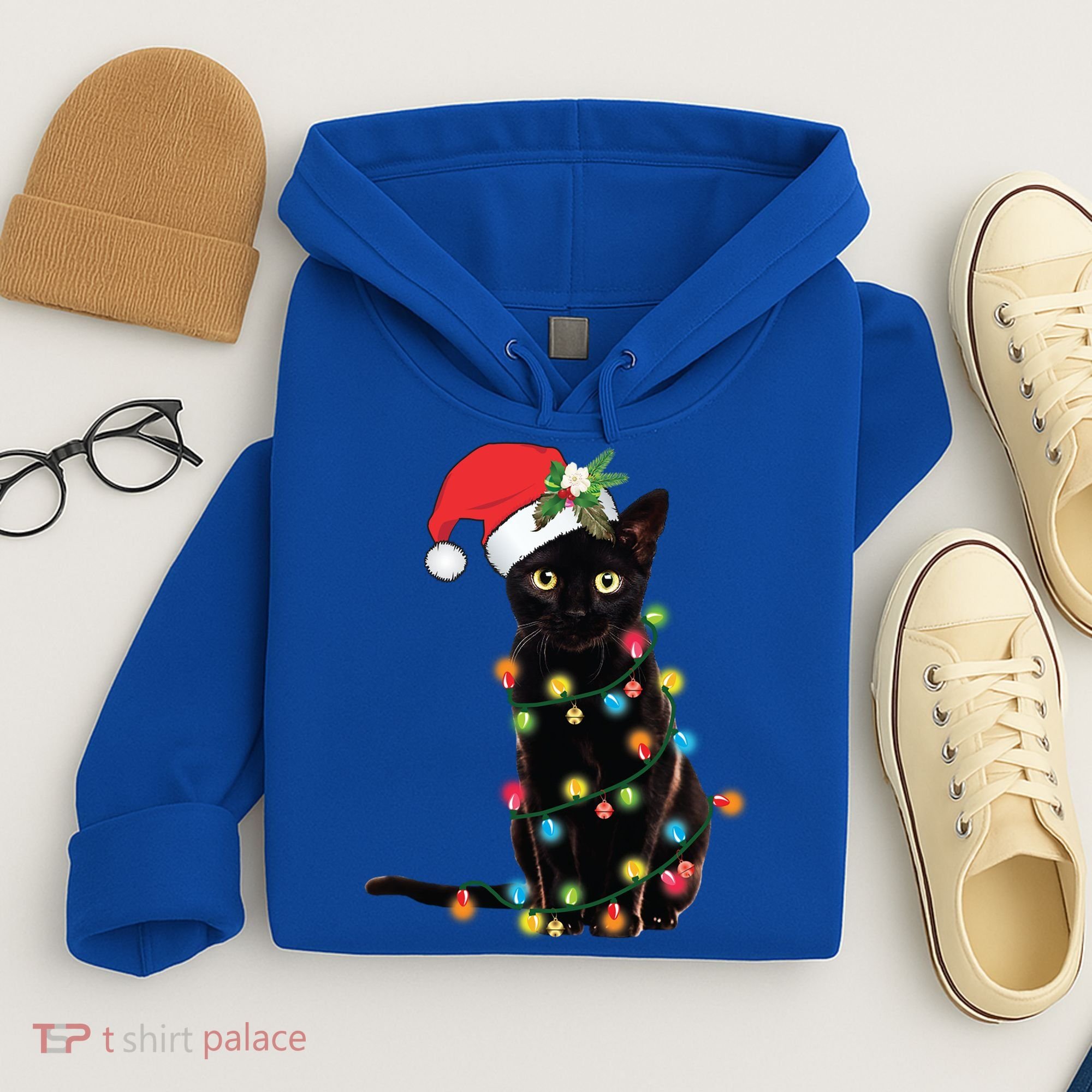 Santa Black Cat Tangled Up In Christmas Tree Lights Holiday Gift Hoodie