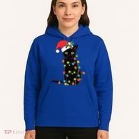 Santa Black Cat Tangled Up In Christmas Tree Lights Holiday Gift Hoodie thumb 5