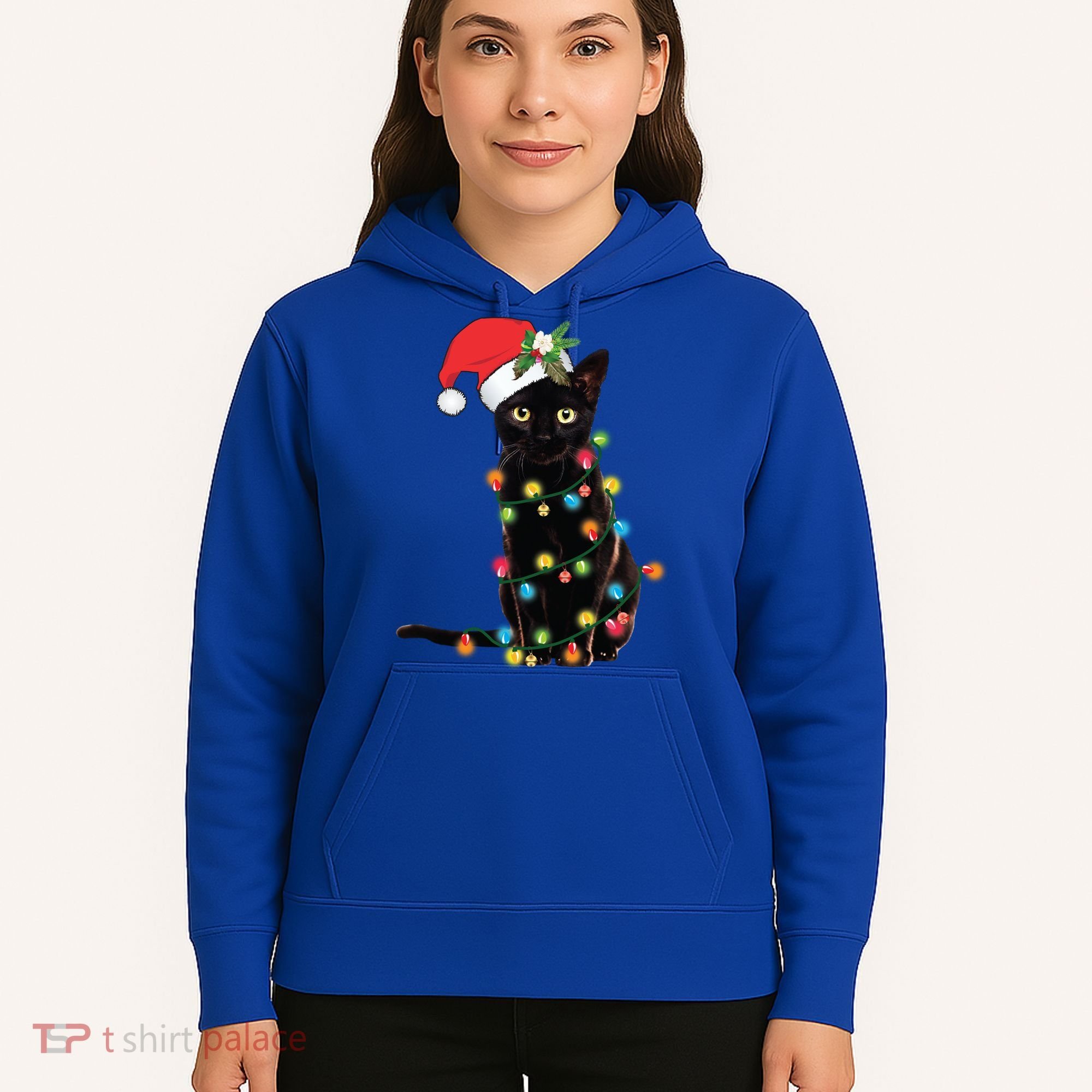 Santa Black Cat Tangled Up In Christmas Tree Lights Holiday Gift Hoodie