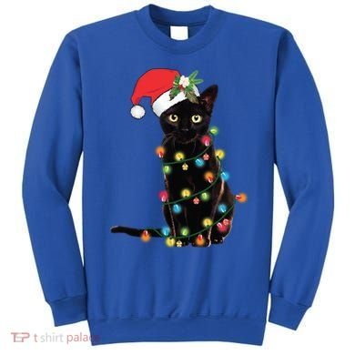 Santa Black Cat Tangled Up In Christmas Tree Lights Holiday Gift Sweatshirt