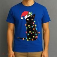Santa Black Cat Tangled Up In Christmas Tree Lights Holiday Gift T-Shirt thumb 3