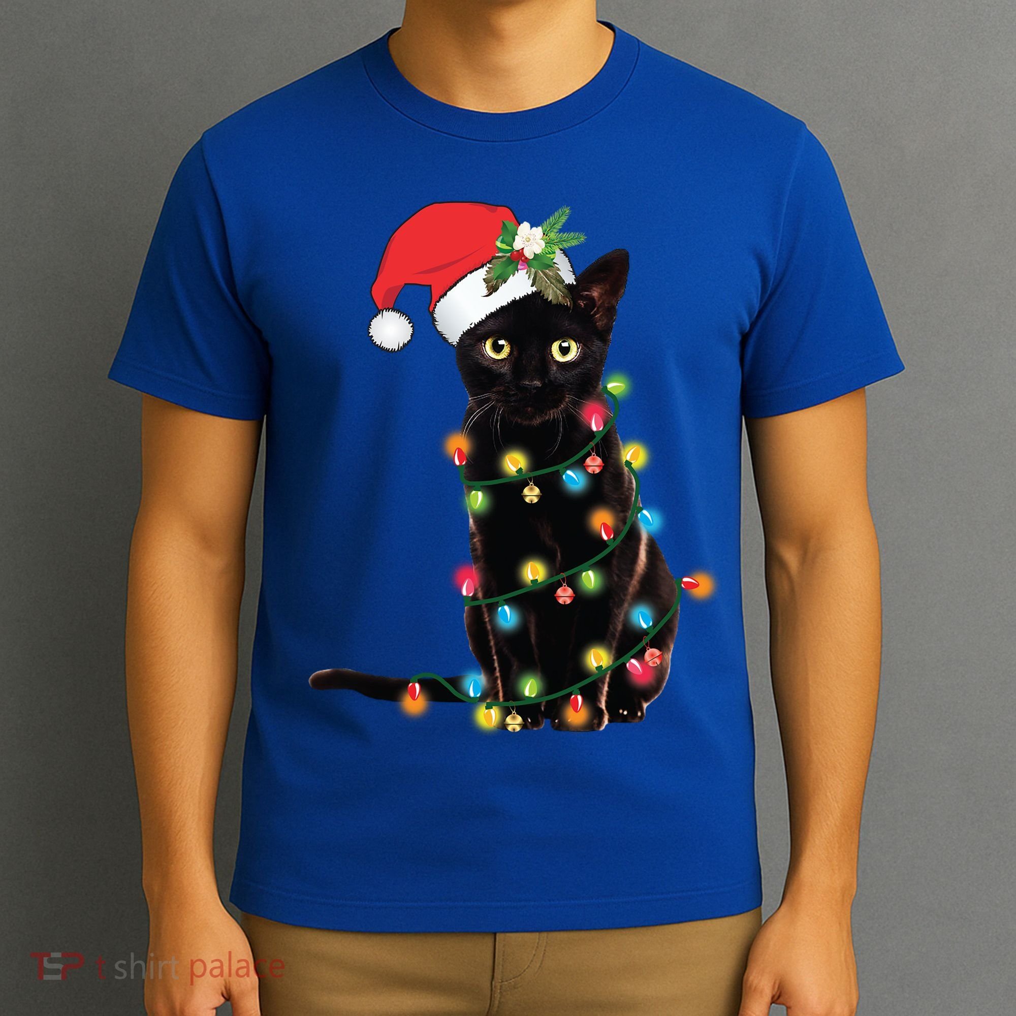 Santa Black Cat Tangled Up In Christmas Tree Lights Holiday Gift T-Shirt