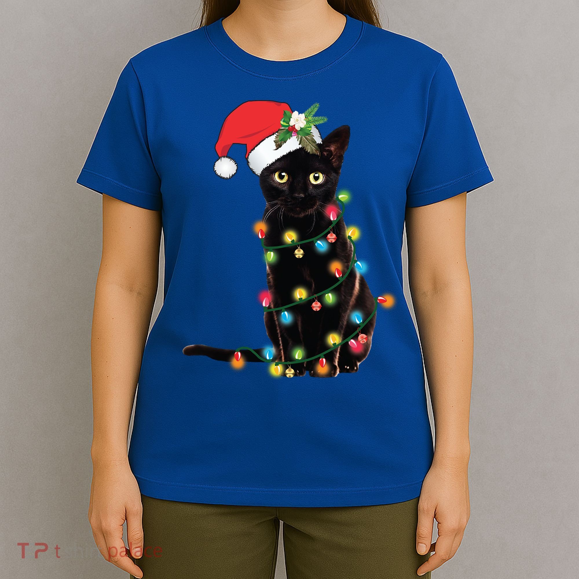 Santa Black Cat Tangled Up In Christmas Tree Lights Holiday Gift T-Shirt