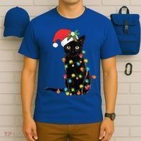 Santa Black Cat Tangled Up In Christmas Tree Lights Holiday Gift T-Shirt thumb 6