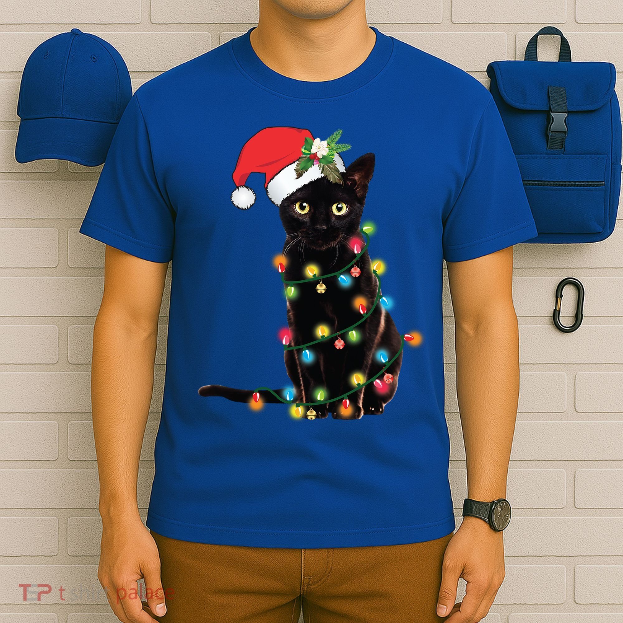 Santa Black Cat Tangled Up In Christmas Tree Lights Holiday Gift T-Shirt