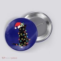 Santa Black Cat Tangled Up In Christmas Tree Lights Holiday Gift Button thumb 0