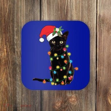 Santa Black Cat Tangled Up In Christmas Tree Lights Holiday Gift Coaster