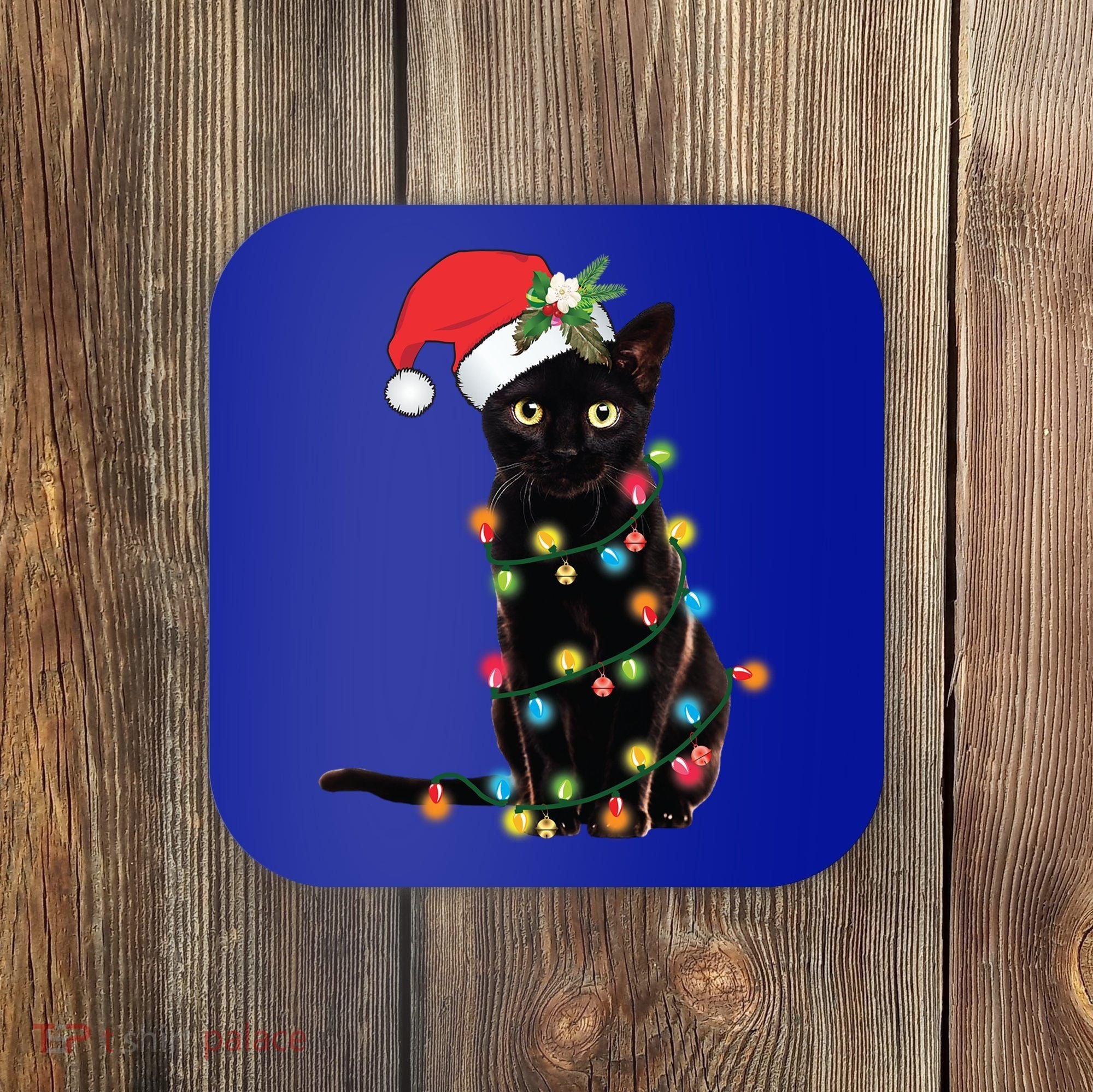 Santa Black Cat Tangled Up In Christmas Tree Lights Holiday Gift Coaster