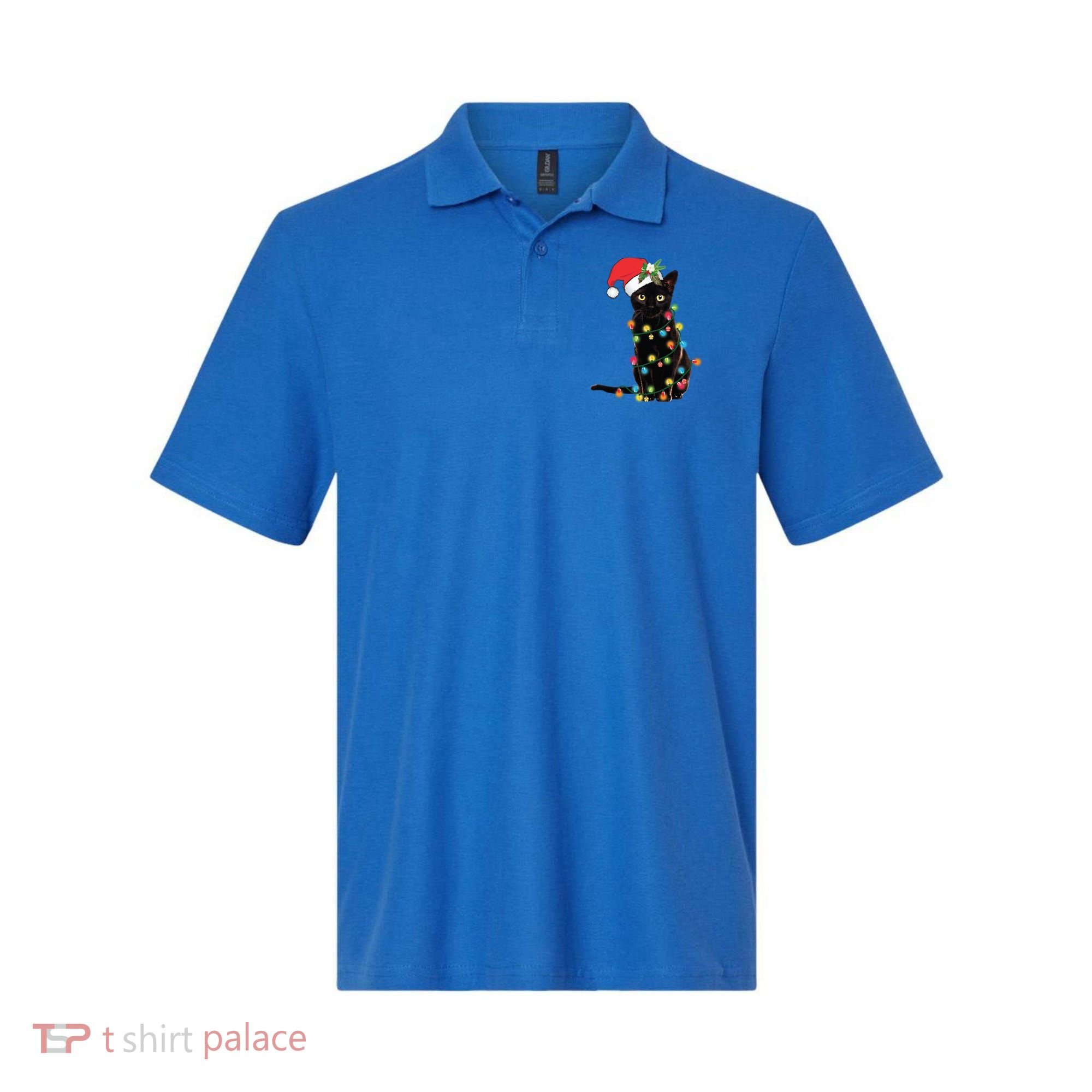Santa Black Cat Tangled Up In Christmas Tree Lights Holiday Gift Polo