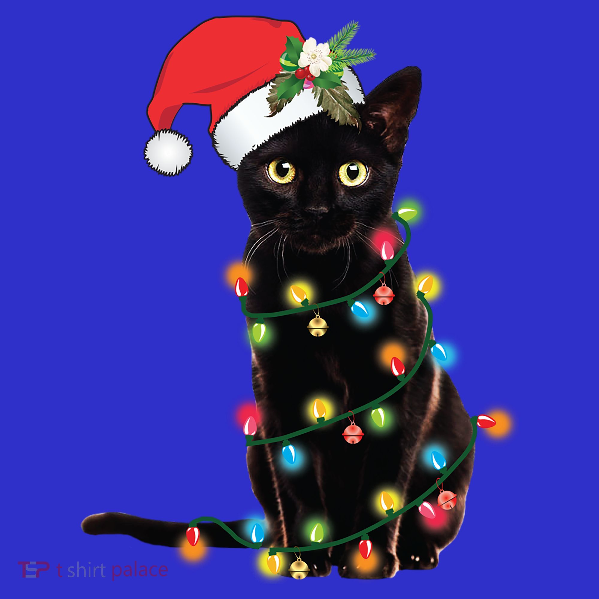 Santa Black Cat Tangled Up In Christmas Tree Lights Holiday Gift Polo