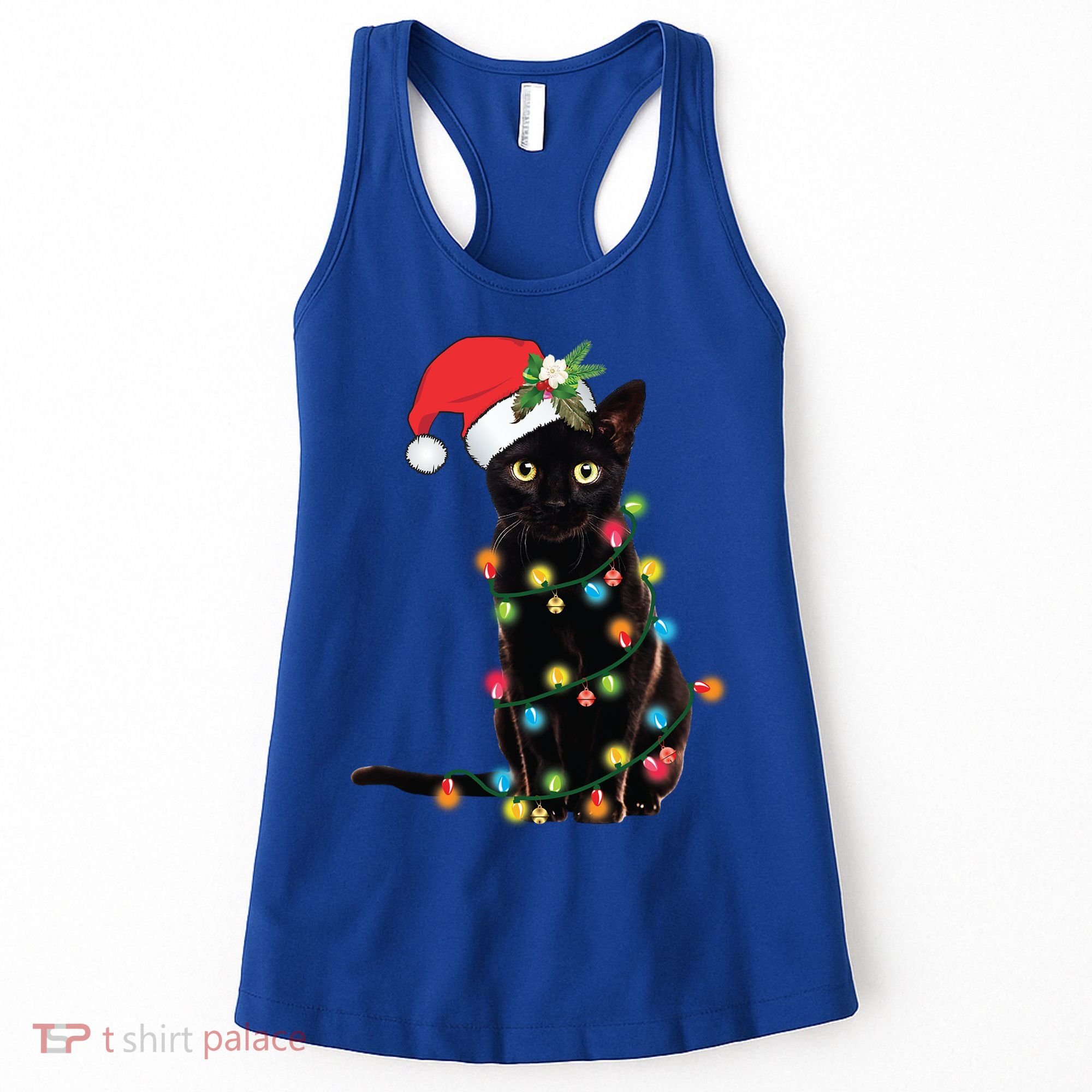 Santa Black Cat Tangled Up In Christmas Tree Lights Holiday Gift Women's Tank Top
