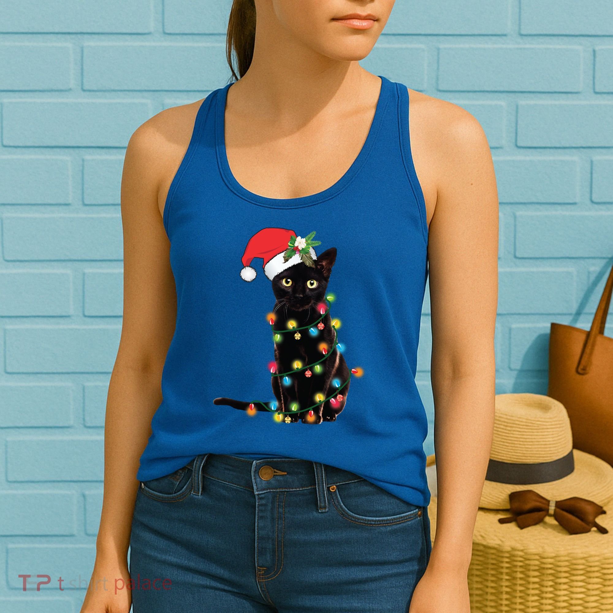 Santa Black Cat Tangled Up In Christmas Tree Lights Holiday Gift Women's Tank Top