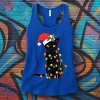 Santa Black Cat Tangled Up In Christmas Tree Lights Holiday Gift Women's Tank Top thumb 3
