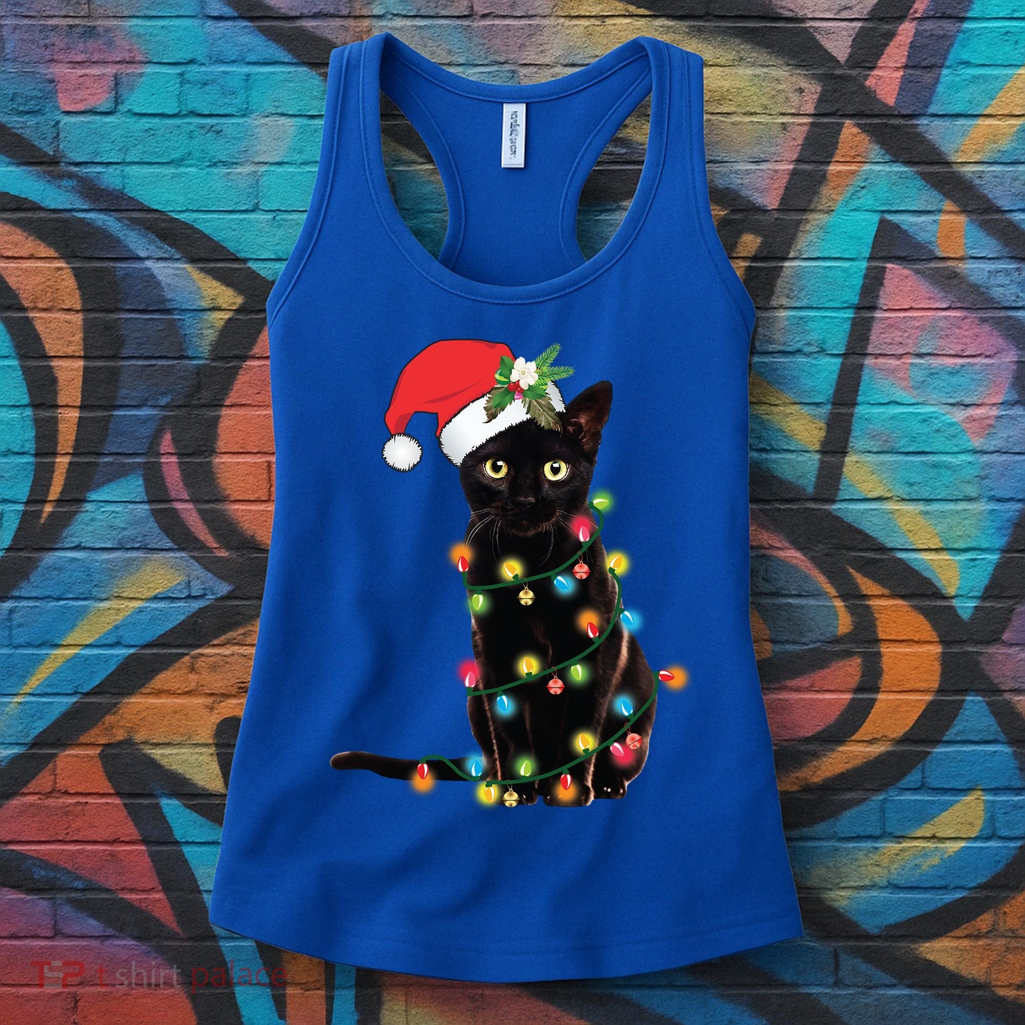 Santa Black Cat Tangled Up In Christmas Tree Lights Holiday Gift Women's Tank Top